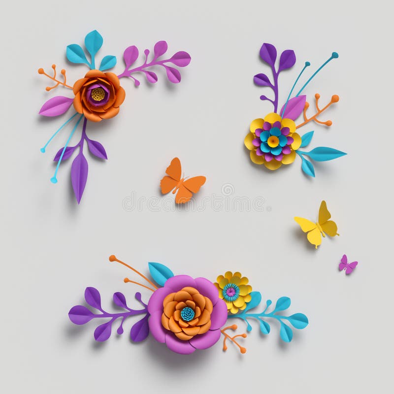 3d回报，纸花剪贴美术，装饰元素，花卉背景，植物的样式，明亮的糖果颜色，充满活力的调色板 免版税库存照片